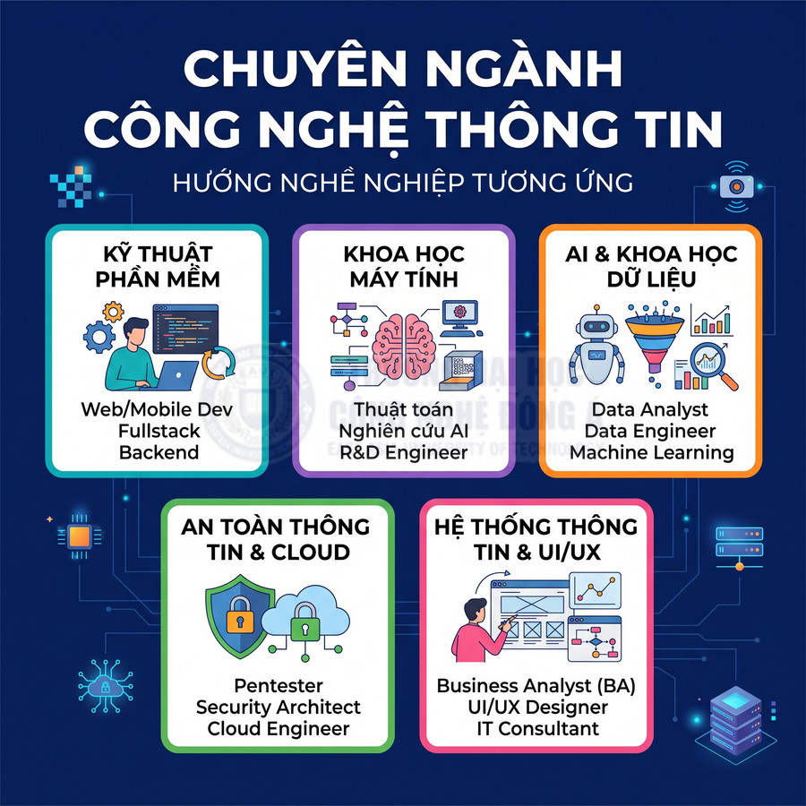 Các chuyên ngành công nghệ thông tin và hướng nghề nghiệp: phần mềm, khoa học máy tính, AI, an toàn thông tin, UIUX
