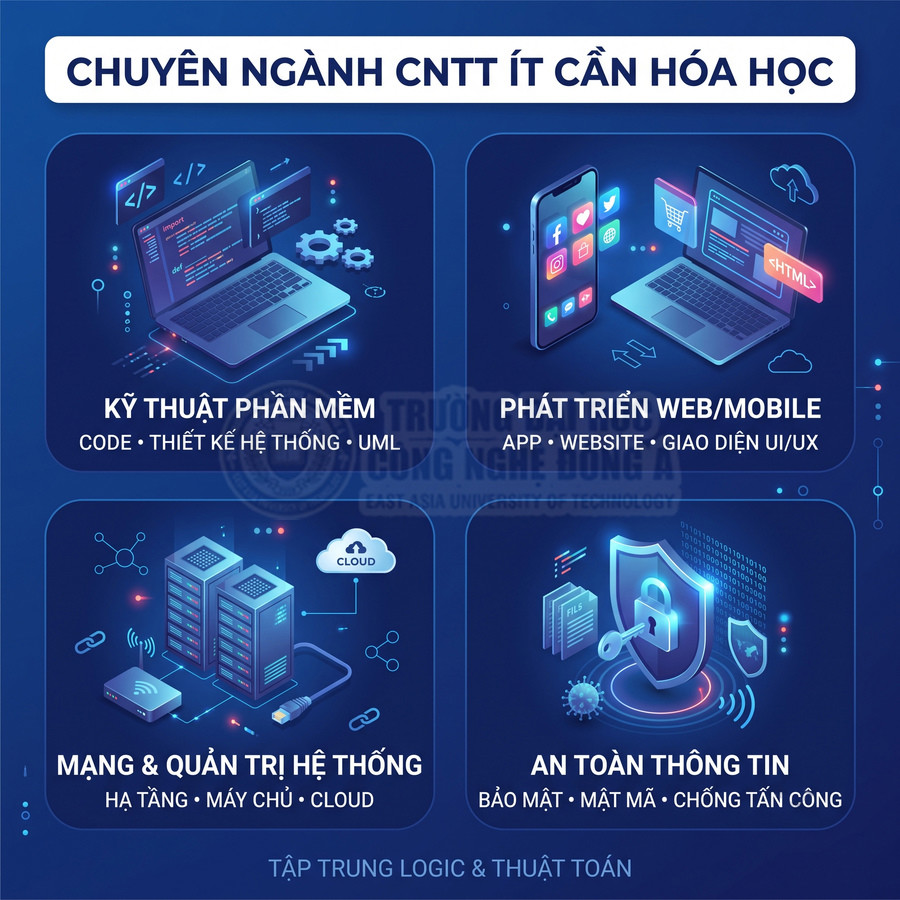 Poster giới thiệu các chuyên ngành công nghệ thông tin ít cần hóa học như phần mềm, web mobile, mạng hệ thống và an toàn thông tin
