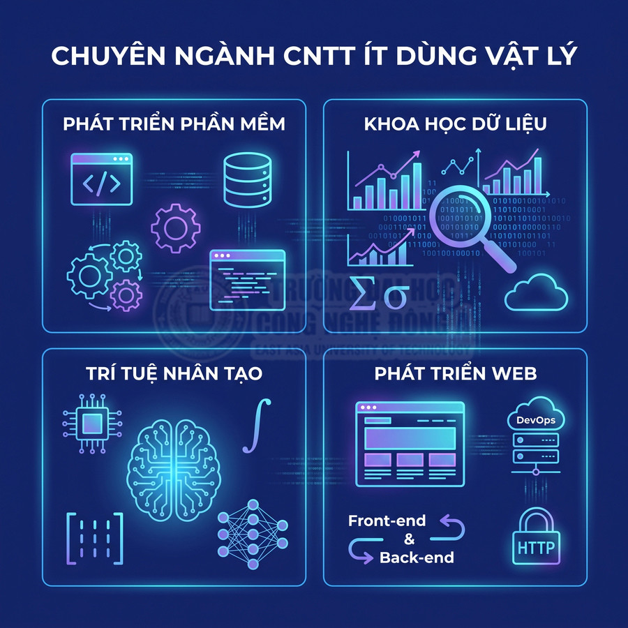 Các chuyên ngành CNTT ít dùng vật lý gồm phát triển phần mềm, khoa học dữ liệu, AI và phát triển web