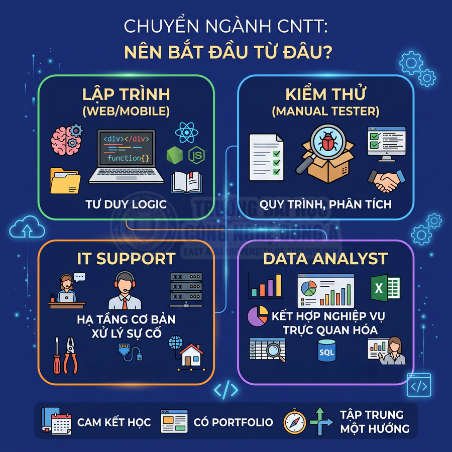 Infographic hướng dẫn chuyển ngành CNTT với các mảng lập trình, kiểm thử, IT support và data analyst