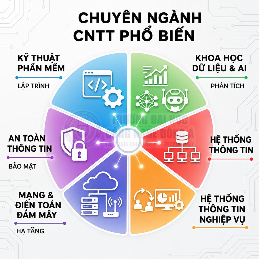 Các chuyên ngành công nghệ thông tin phổ biến như lập trình, an toàn thông tin, dữ liệu AI, mạng và điện toán đám mây