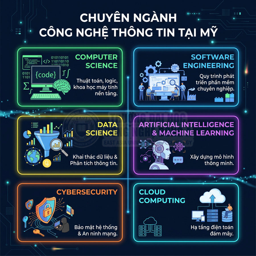 Các chuyên ngành công nghệ thông tin tại Mỹ như khoa học máy tính, phần mềm, dữ liệu, AI, an ninh mạng, điện toán đám mây