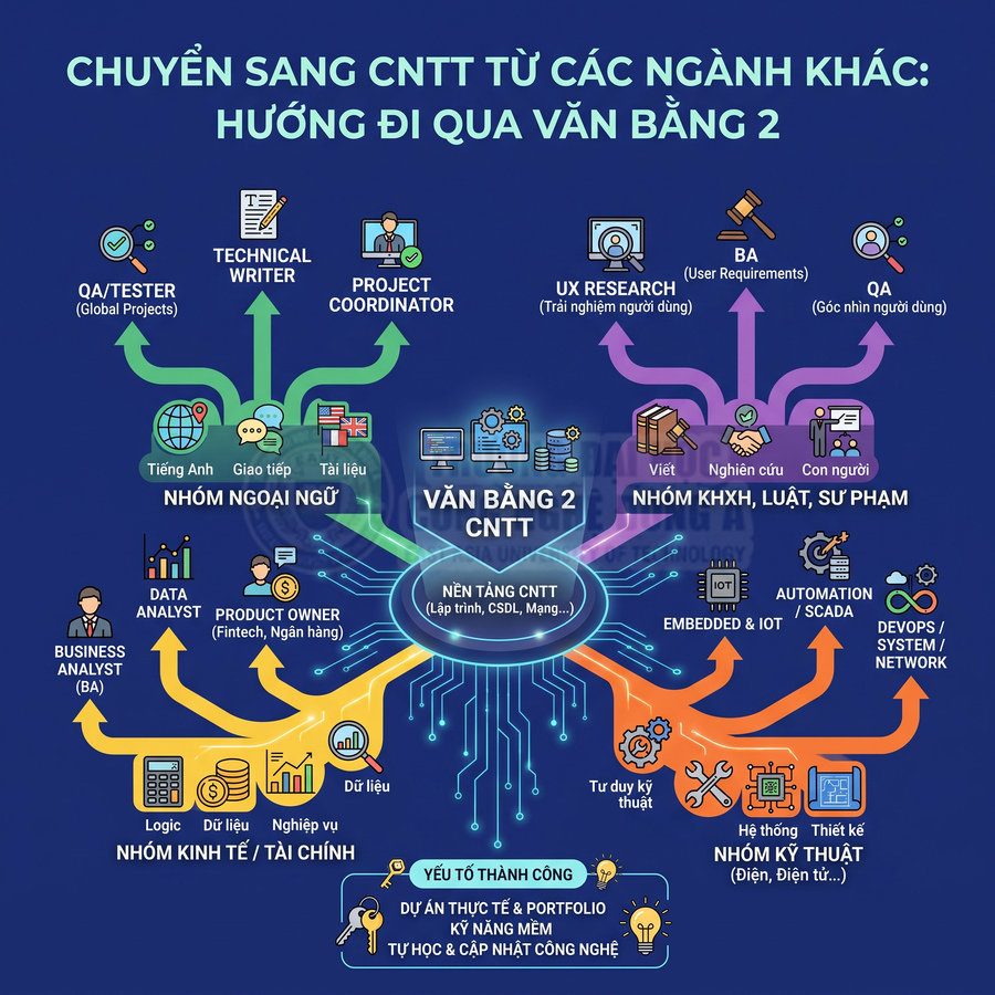 Sơ đồ hướng nghiệp chuyển sang ngành CNTT qua văn bằng 2 cho người học từ các lĩnh vực khác
