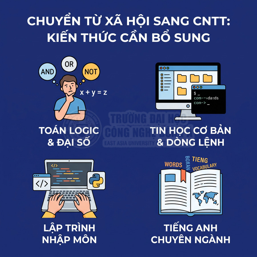 Hình minh họa các kiến thức cần bổ sung khi chuyển từ khối xã hội sang ngành công nghệ thông tin