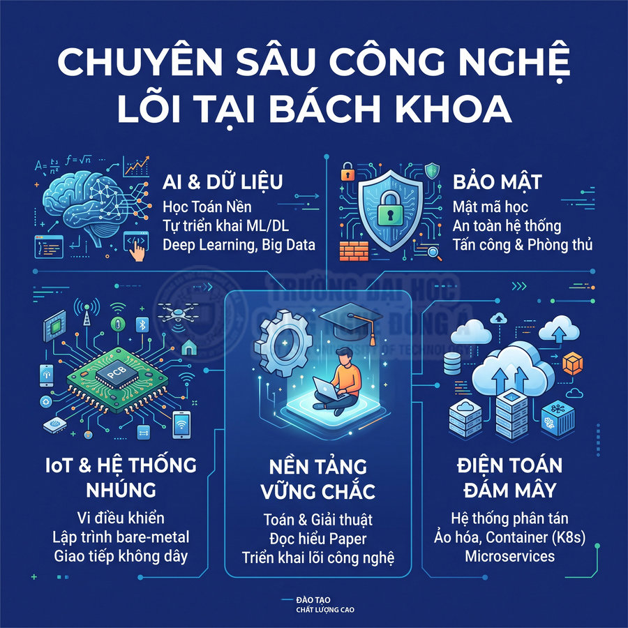Poster giới thiệu các chuyên ngành công nghệ lõi tại Bách Khoa như AI, bảo mật, IoT, nền tảng vững chắc, điện toán đám mây