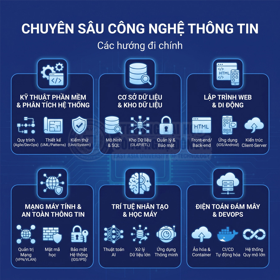 Các chuyên ngành công nghệ thông tin: phần mềm, cơ sở dữ liệu, lập trình web, mạng, AI, điện toán đám mây
