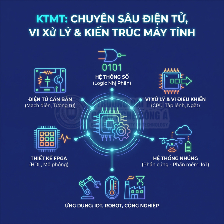 Infographic chuyên ngành điện tử vi xử lý và kiến trúc máy tính, ứng dụng IoT, robot và hệ thống nhúng