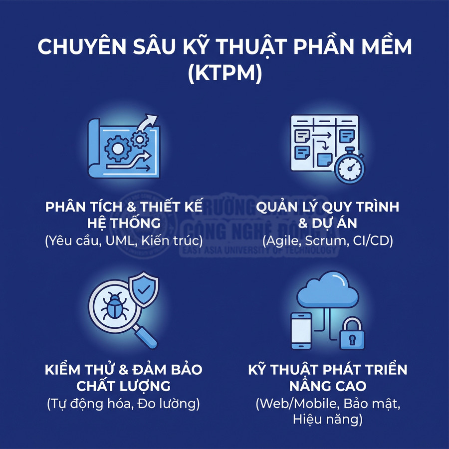 Chuyên sâu kỹ thuật phần mềm gồm phân tích thiết kế hệ thống, quản lý dự án, kiểm thử và phát triển nâng cao
