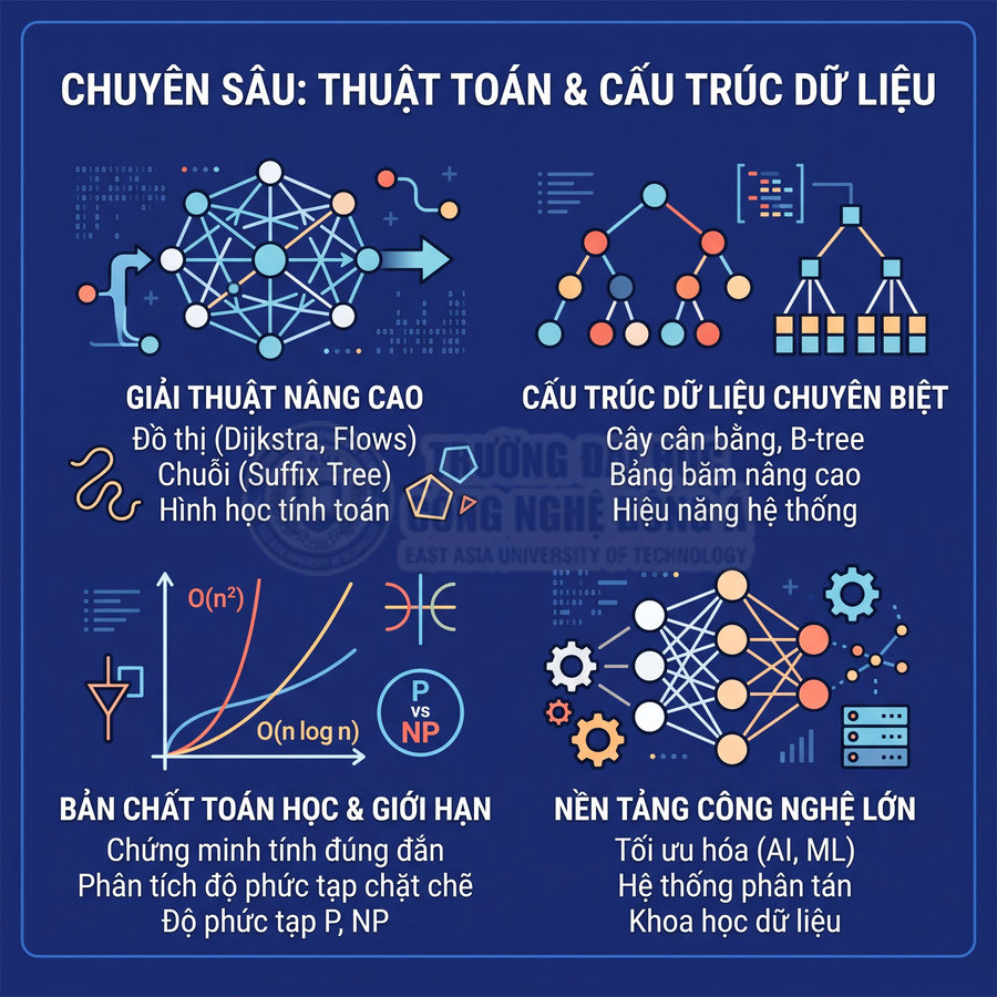 Poster giới thiệu chuyên sâu thuật toán và cấu trúc dữ liệu với các chủ đề giải thuật, cấu trúc, toán học và công nghệ lớn