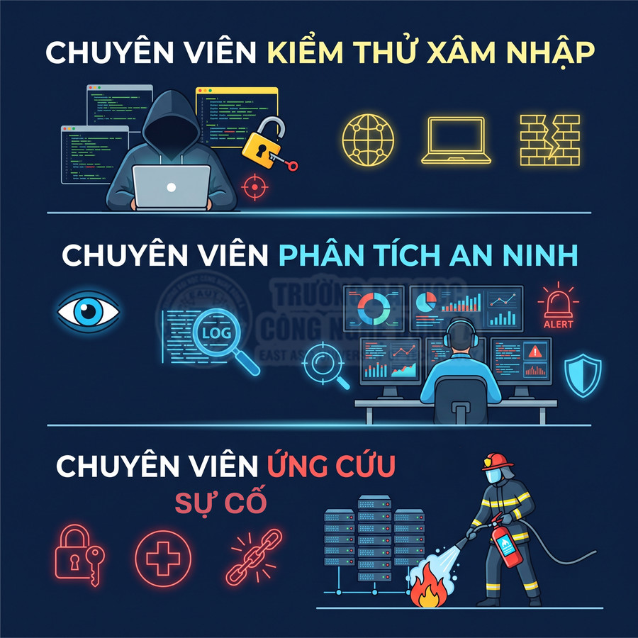 Minh họa các vị trí chuyên viên an ninh mạng: kiểm thử xâm nhập, phân tích an ninh, ứng cứu sự cố