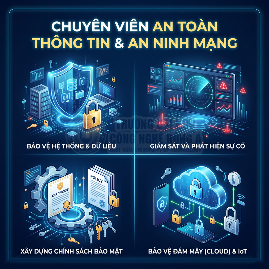 Minh họa chuyên viên an toàn thông tin và an ninh mạng với các biểu tượng bảo vệ hệ thống, dữ liệu, đám mây và IoT
