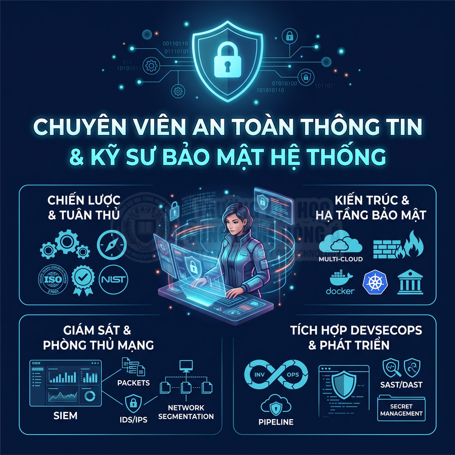 Chuyên viên an toàn thông tin làm việc trên màn hình bảo mật, minh họa các mảng chiến lược, giám sát mạng và DevSecOps