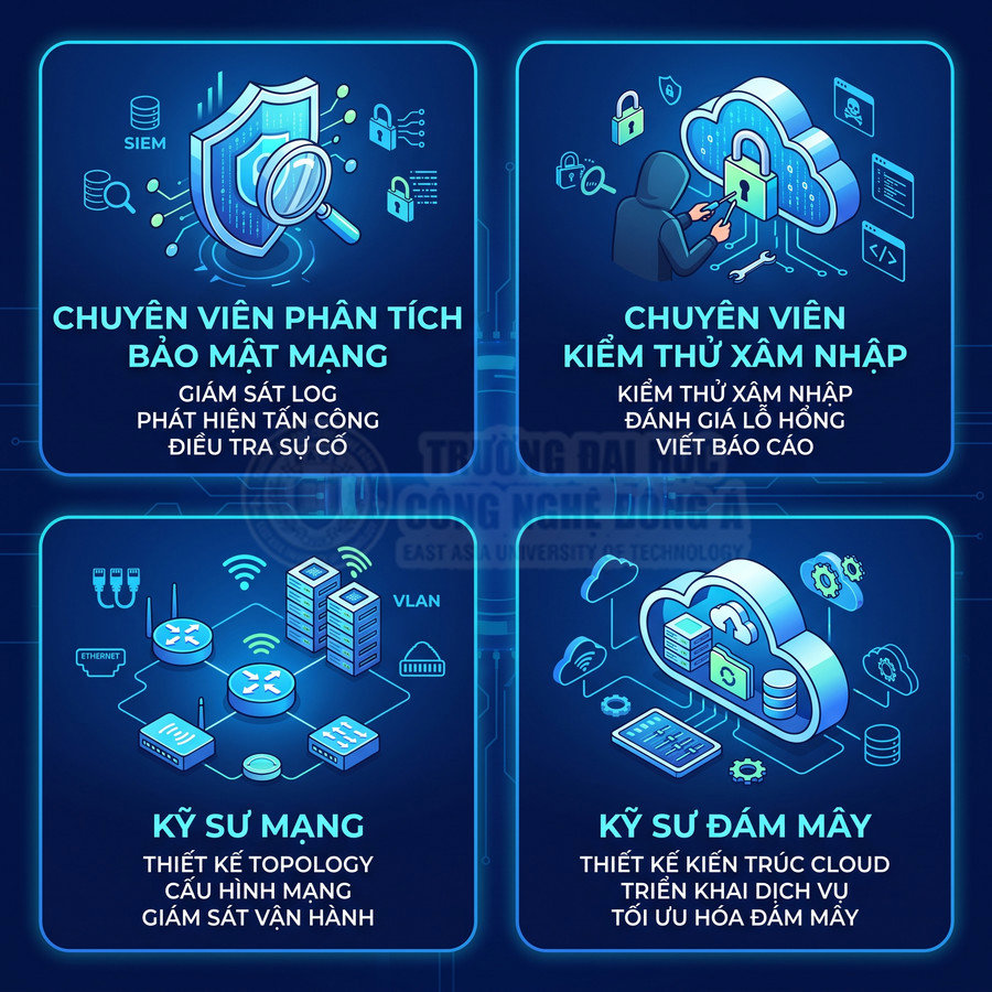 Các vị trí nghề nghiệp an ninh mạng, kỹ sư mạng và kỹ sư đám mây với minh họa biểu tượng công nghệ