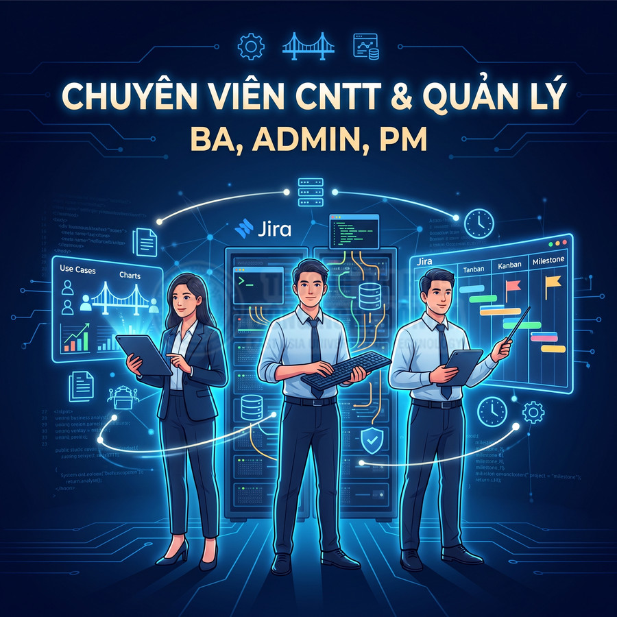 Chuyên viên CNTT và quản lý BA Admin PM làm việc với phần mềm Jira và bảng Kanban trên nền tảng số
