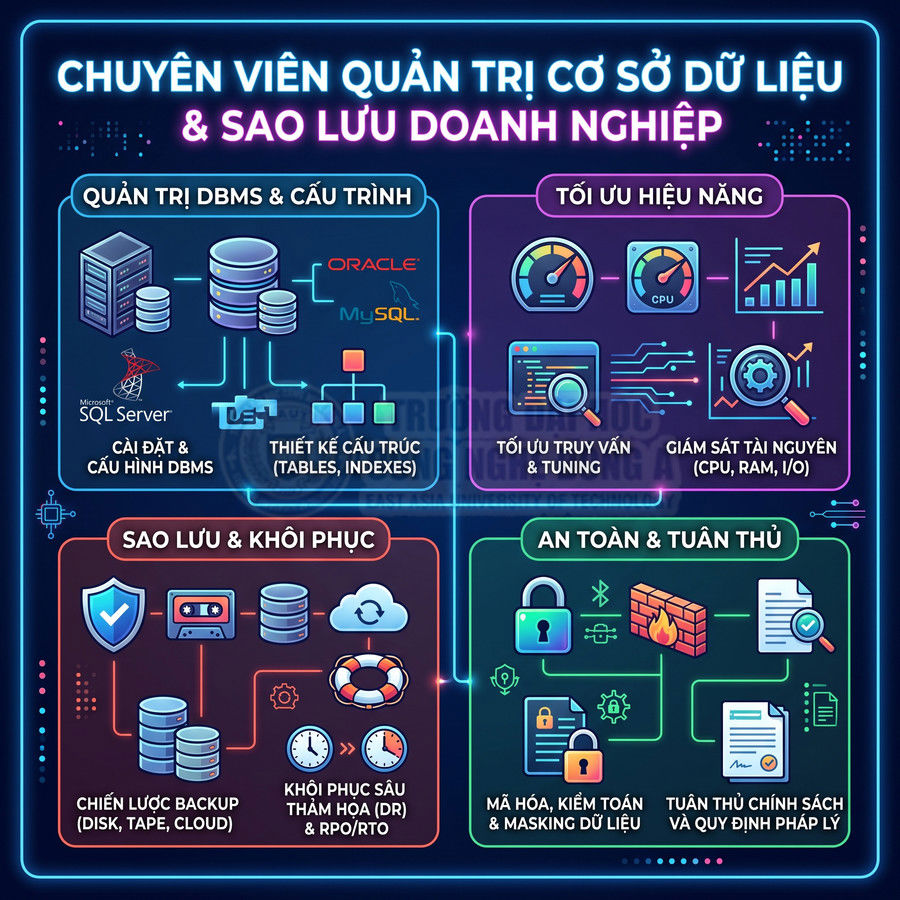 Infographic kỹ năng chuyên viên quản trị cơ sở dữ liệu và sao lưu doanh nghiệp, tối ưu hiệu năng, an toàn và tuân thủ dữ liệu
