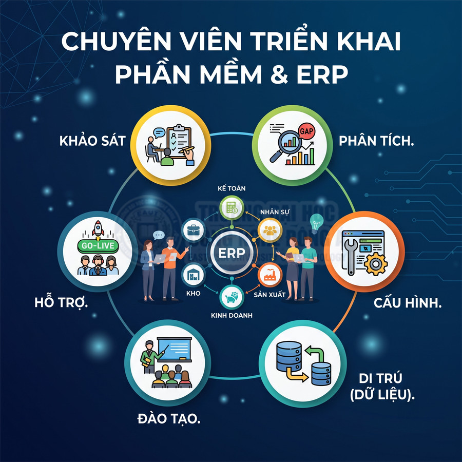 Quy trình triển khai phần mềm ERP gồm khảo sát, phân tích, cấu hình, di trú dữ liệu, đào tạo và hỗ trợ