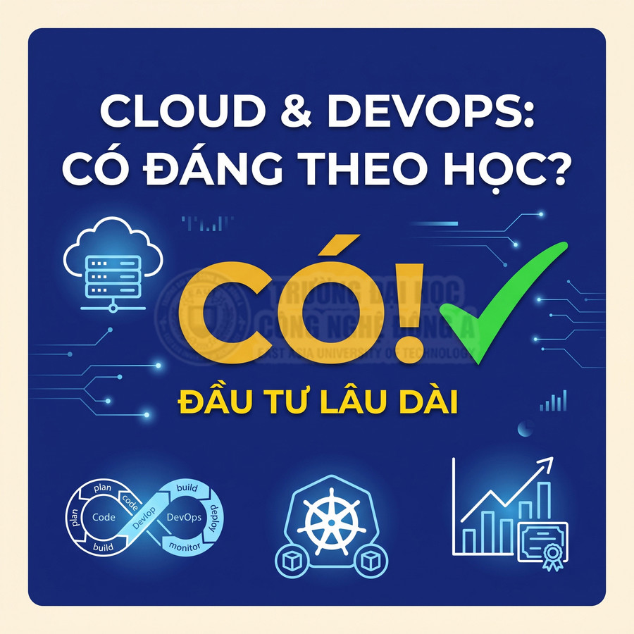Poster khóa học Cloud và DevOps với dòng chữ Có đầu tư lâu dài và các biểu tượng công nghệ, biểu đồ tăng trưởng