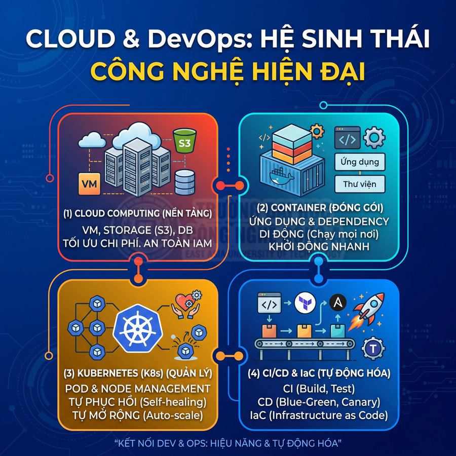 Infographic hệ sinh thái Cloud và DevOps với cloud computing, container, Kubernetes và CI CD IaC