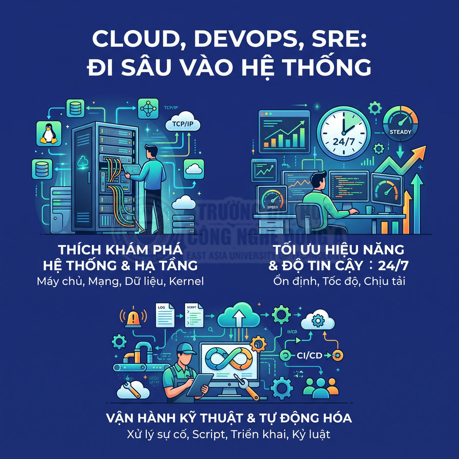 Poster giới thiệu lĩnh vực Cloud DevOps SRE với minh họa quản trị hệ thống tối ưu hiệu năng và vận hành tự động hóa
