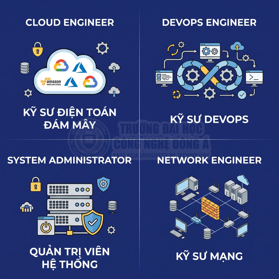 Các vị trí IT: kỹ sư điện toán đám mây, DevOps, quản trị viên hệ thống, kỹ sư mạng trên nền xanh