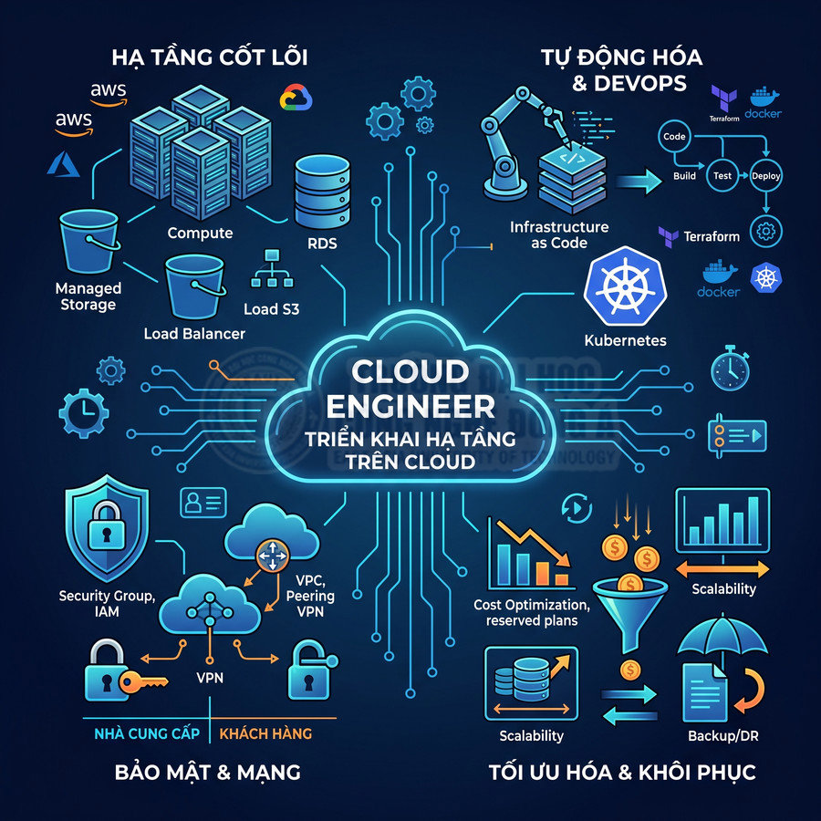 Mô hình công việc Cloud Engineer triển khai hạ tầng cloud với AWS, Google Cloud, Kubernetes, bảo mật và tối ưu chi phí