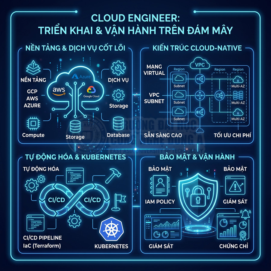 Infographic lộ trình Cloud Engineer triển khai vận hành đám mây với AWS Azure Google Cloud Kubernetes CI CD bảo mật giám sát