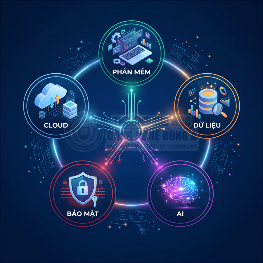 Mô hình dịch vụ công nghệ thông tin gồm cloud, phần mềm, dữ liệu, bảo mật và AI trên nền đồ họa hiện đại
