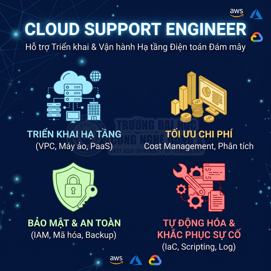 Mô tả công việc Cloud Support Engineer với các nhiệm vụ triển khai hạ tầng, tối ưu chi phí, bảo mật và tự động hóa trên AWS Azure GCP