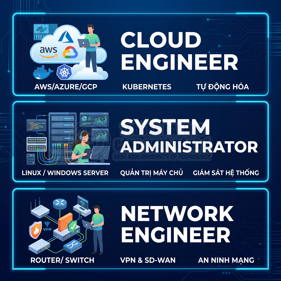 Minh họa các vị trí Cloud Engineer, System Administrator, Network Engineer và kỹ năng AWS Azure GCP Linux mạng