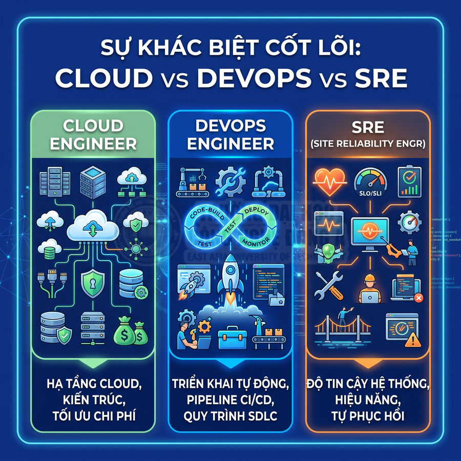 So sánh vai trò Cloud Engineer, DevOps Engineer và SRE với biểu tượng hạ tầng, CI CD và độ tin cậy hệ thống