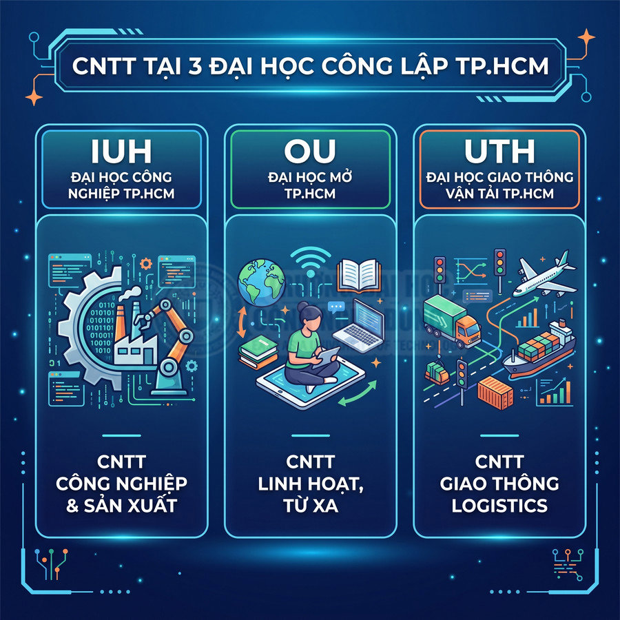 So sánh ngành CNTT tại IUH, OU, UTH TP.HCM với các hướng công nghiệp, từ xa và giao thông logistics
