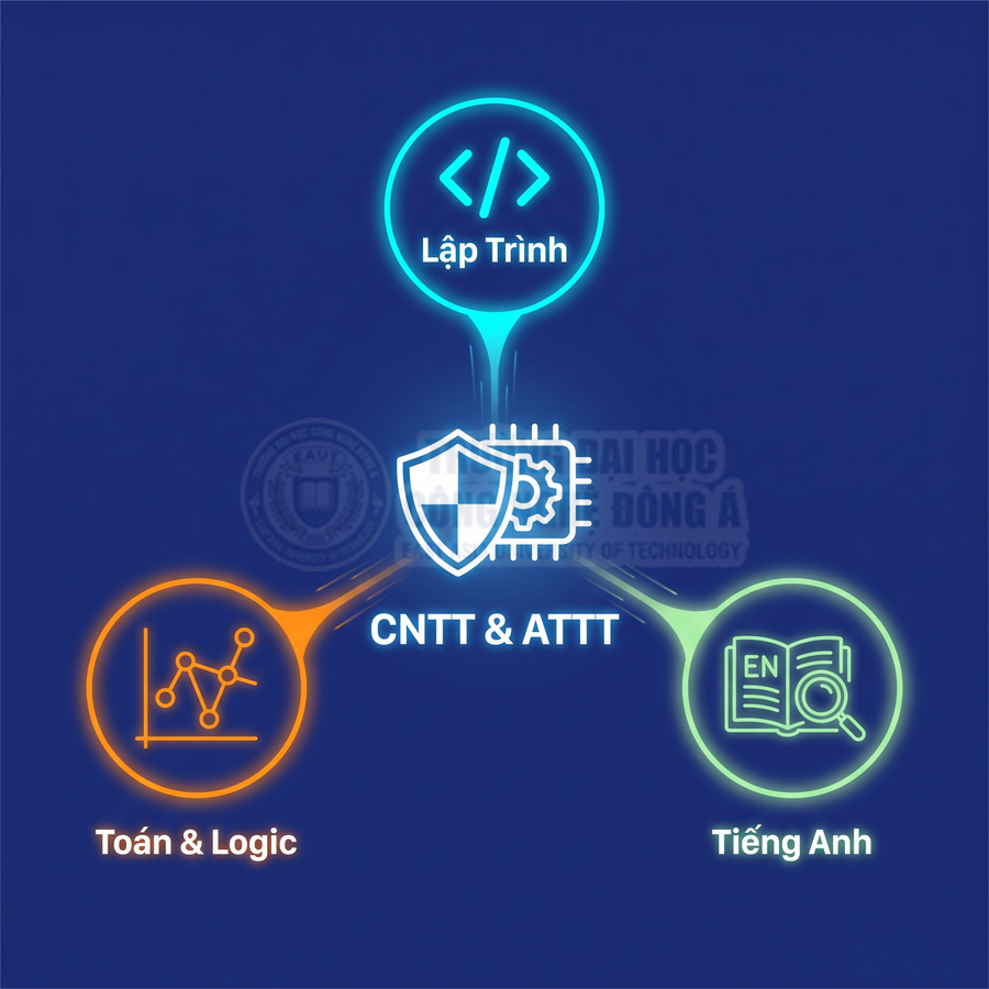 Các lĩnh vực CNTT và an toàn thông tin gồm lập trình, toán và logic, tiếng Anh