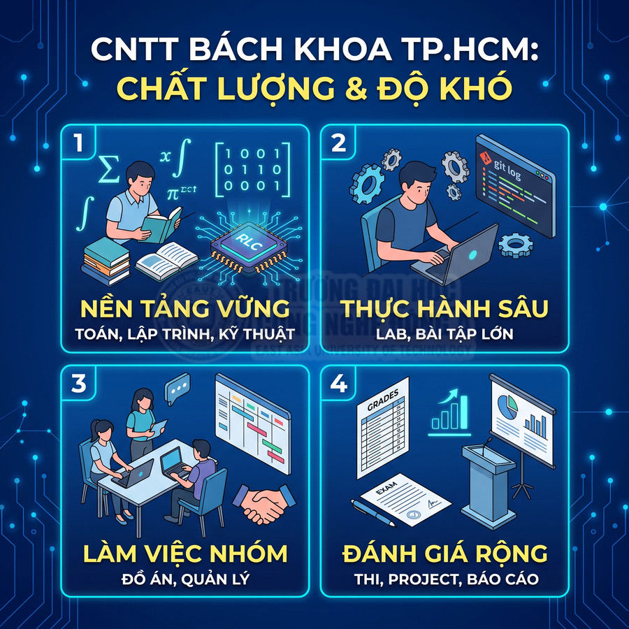 Infographic giới thiệu chất lượng và độ khó ngành CNTT Bách Khoa TP.HCM với nền tảng vững, thực hành sâu, làm việc nhóm, đánh giá rộng