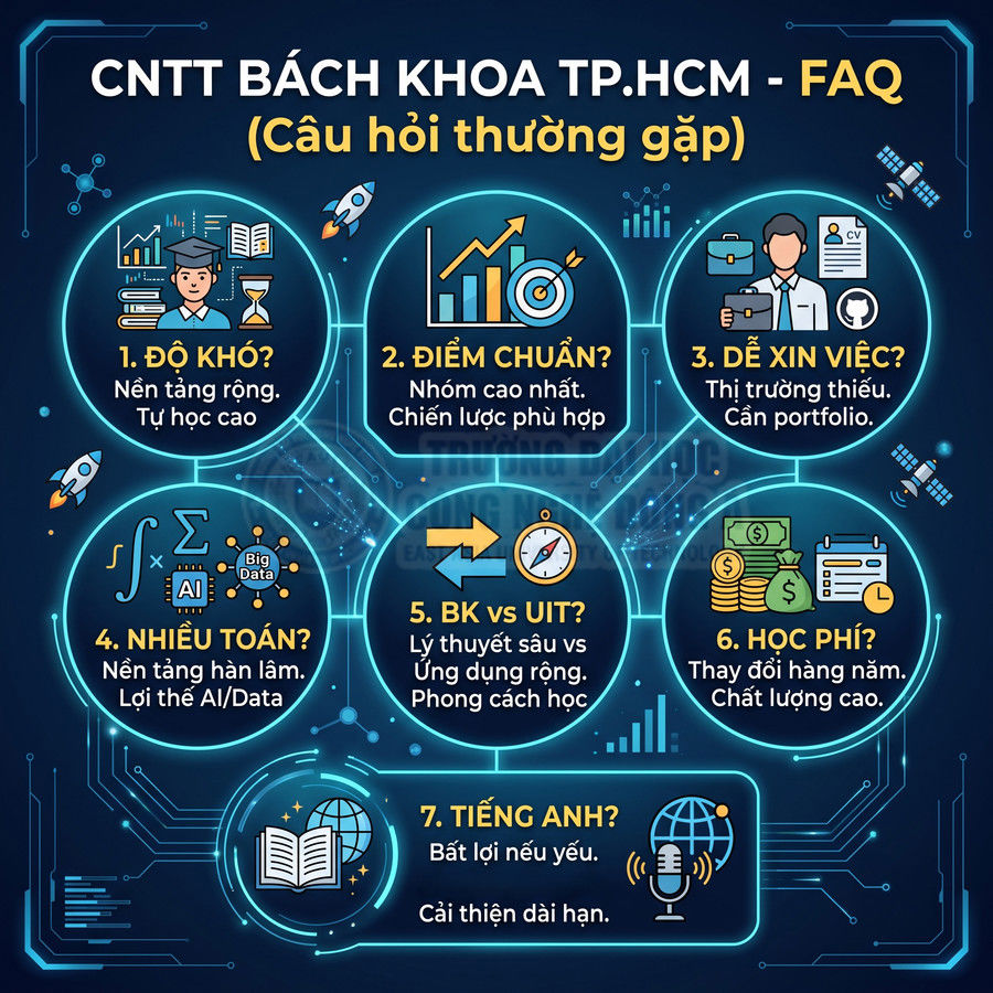 Infographic FAQ ngành CNTT Bách Khoa TP.HCM với 7 câu hỏi về độ khó, điểm chuẩn, việc làm, toán, học phí và tiếng Anh