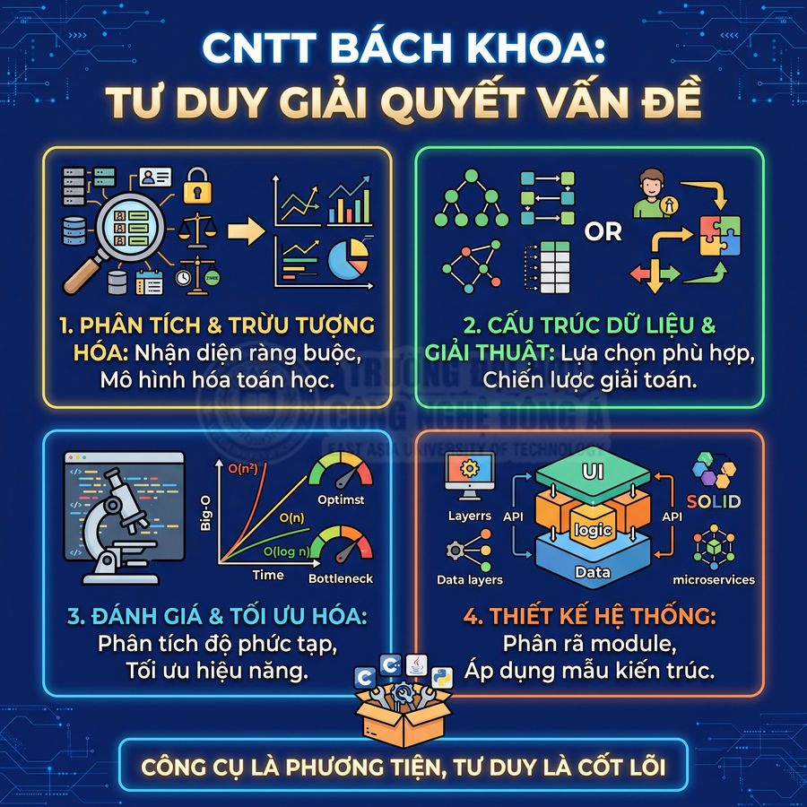 Infographic tư duy giải quyết vấn đề trong ngành CNTT Bách Khoa với phân tích, thuật toán, tối ưu và thiết kế hệ thống