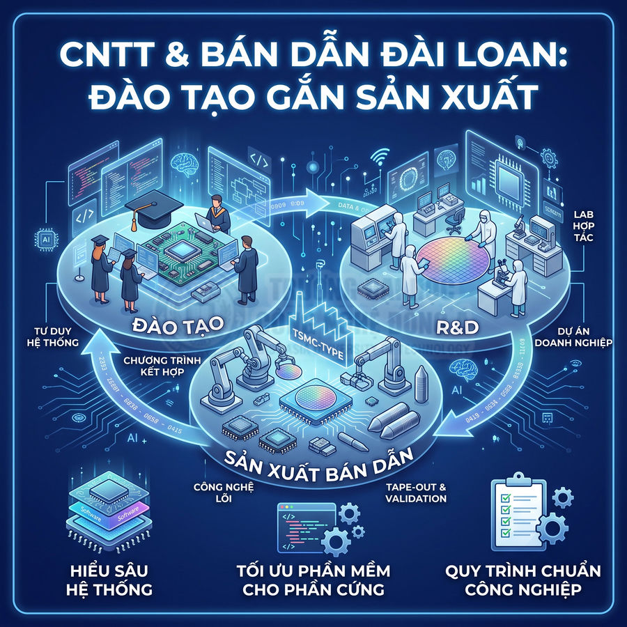 Mô hình đào tạo CNTT và sản xuất bán dẫn Đài Loan với quy trình R&D, dây chuyền chip và tối ưu phần mềm cho phần cứng