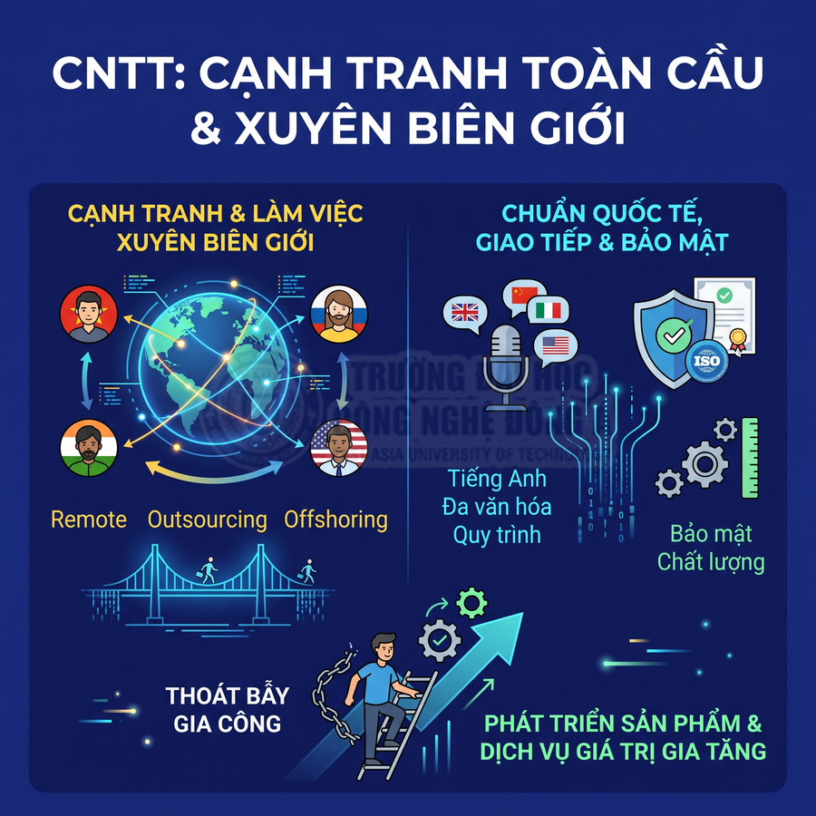 Infographic ngành CNTT cạnh tranh toàn cầu, làm việc xuyên biên giới, chuẩn quốc tế và phát triển sản phẩm dịch vụ giá trị gia tăng