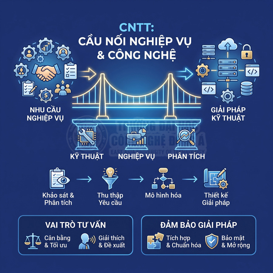 Infographic về CNTT kết nối nhu cầu nghiệp vụ với giải pháp kỹ thuật qua tư vấn, phân tích và thiết kế giải pháp