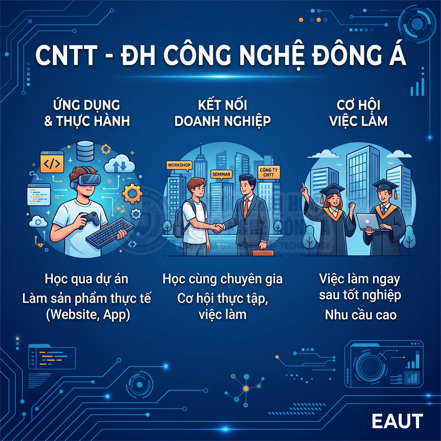 Poster giới thiệu ngành CNTT Đại học Công Nghệ Đông Á với học thực hành, kết nối doanh nghiệp và cơ hội việc làm