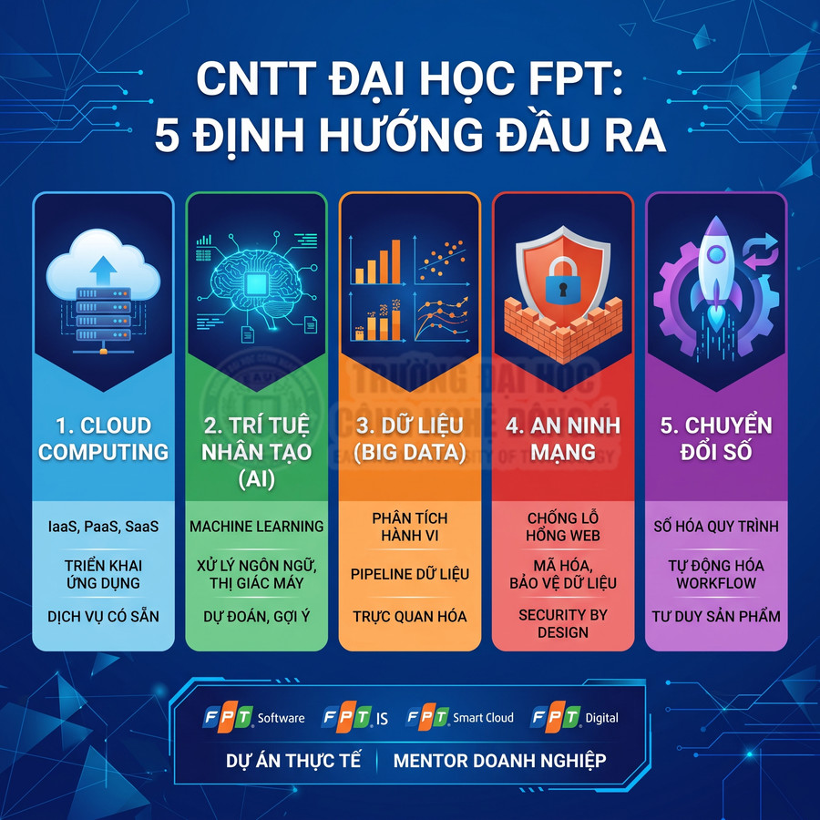 Poster giới thiệu 5 định hướng đầu ra ngành CNTT Đại học FPT gồm cloud, AI, big data, an ninh mạng, chuyển đổi số