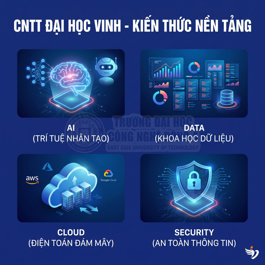 Poster giới thiệu ngành CNTT Đại học Vinh với các mảng AI, Data, Cloud AWS Google Cloud và Security