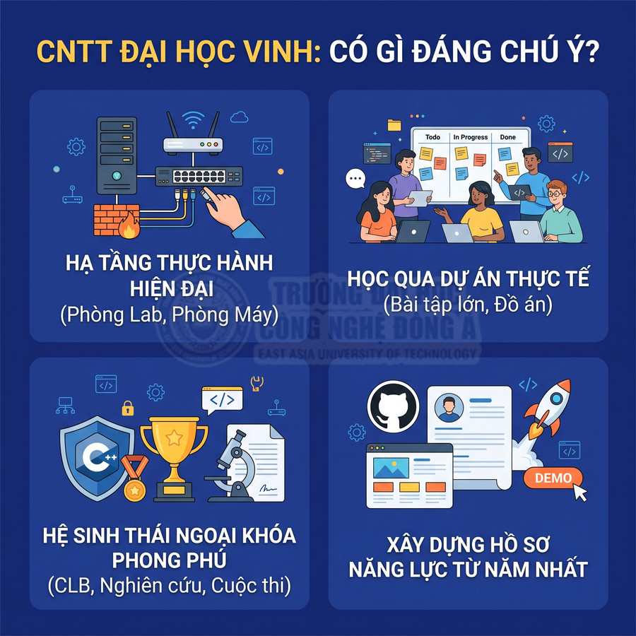 Poster giới thiệu ngành CNTT Đại học Vinh với hạ tầng hiện đại, học qua dự án, ngoại khóa phong phú và xây dựng hồ sơ năng lực
