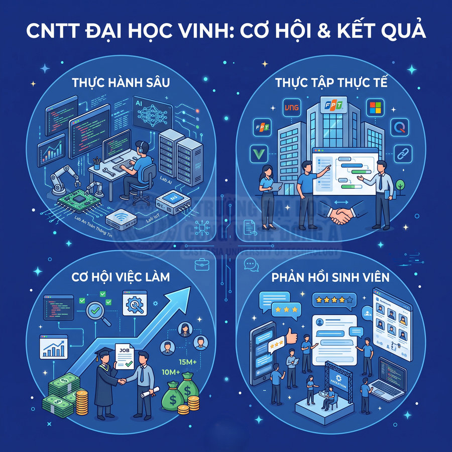 Infographic cơ hội và kết quả ngành CNTT Đại học Vinh với thực hành, thực tập, việc làm và phản hồi sinh viên