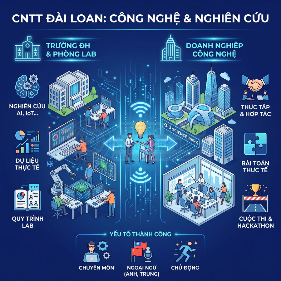 Infographic giới thiệu ngành công nghệ thông tin Đài Loan với trường đại học, doanh nghiệp công nghệ và khu science park