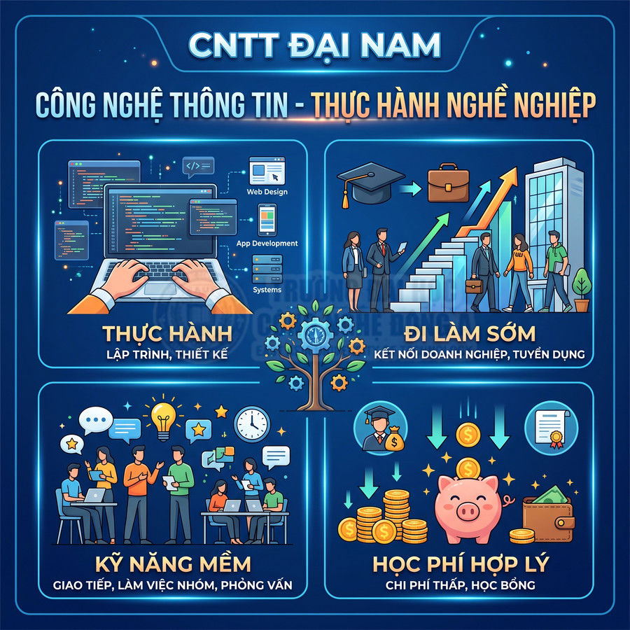Poster giới thiệu ngành Công nghệ thông tin Đại Nam với thực hành lập trình, kỹ năng mềm, cơ hội việc làm và học phí hợp lý