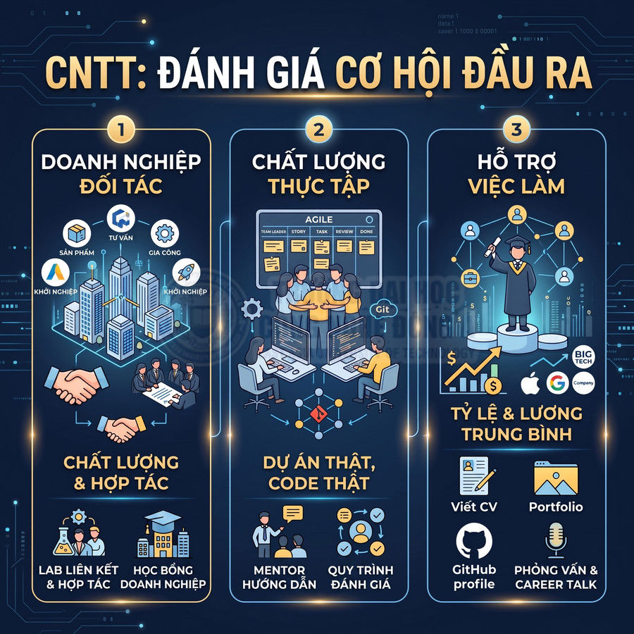 Infographic cơ hội đầu ra ngành CNTT với doanh nghiệp đối tác, chất lượng thực tập và hỗ trợ việc làm, lương và kỹ năng nghề nghiệp