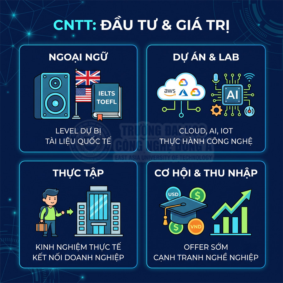 Infographic ngành CNTT nêu lợi ích về ngoại ngữ, dự án lab, thực tập doanh nghiệp và cơ hội thu nhập cạnh tranh