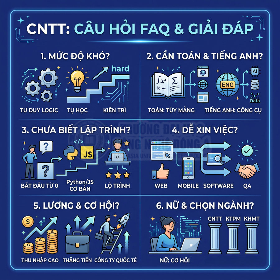 Infographic giải đáp câu hỏi thường gặp về ngành công nghệ thông tin, mức độ khó, lộ trình học và cơ hội nghề nghiệp