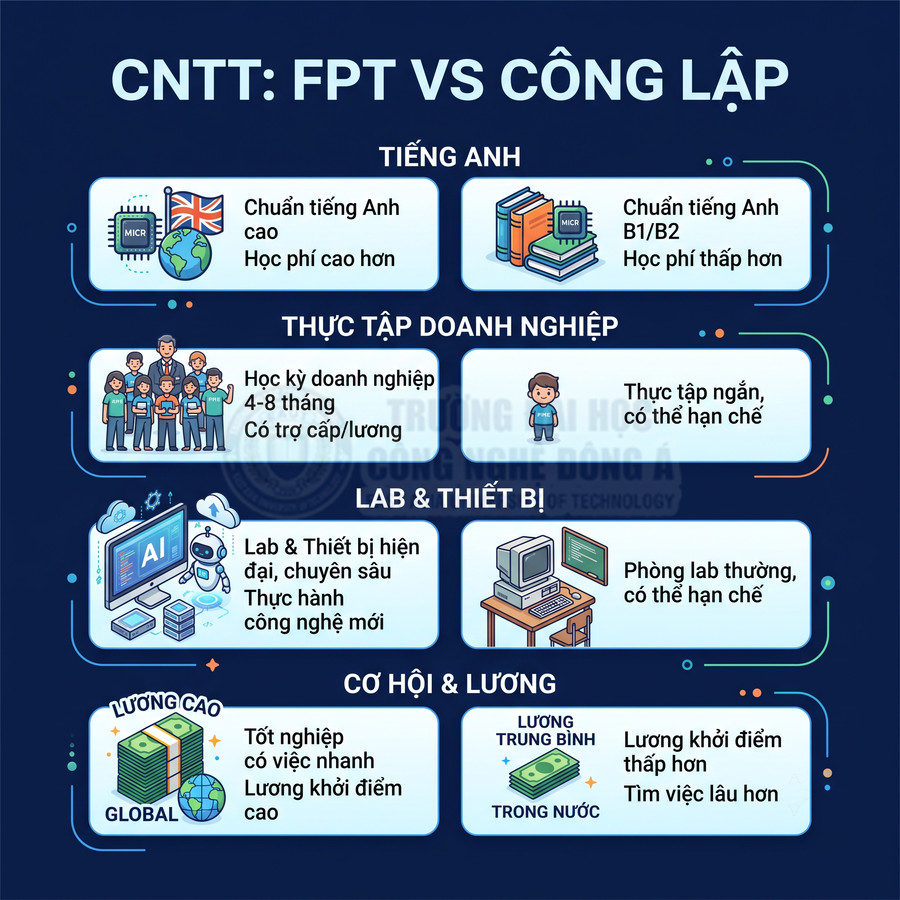So sánh ngành CNTT FPT và trường công lập về tiếng Anh, thực tập, lab thiết bị, cơ hội việc làm và lương