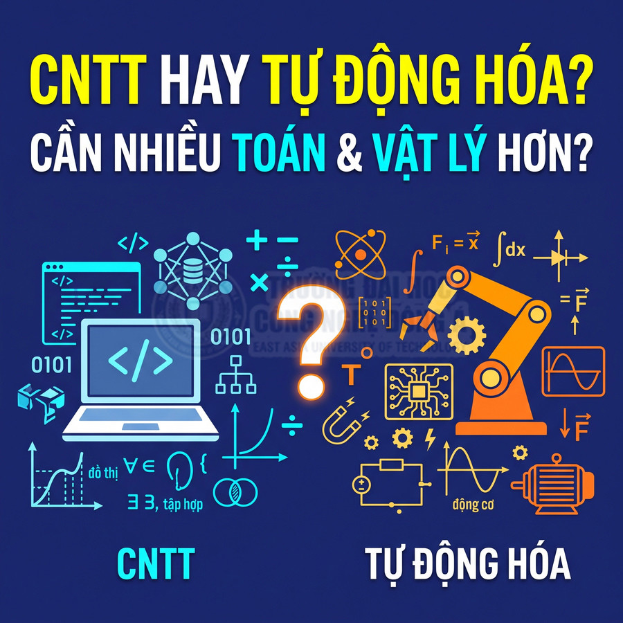 So sánh ngành Công nghệ thông tin và Tự động hóa qua biểu tượng lập trình, toán học và robot công nghiệp.